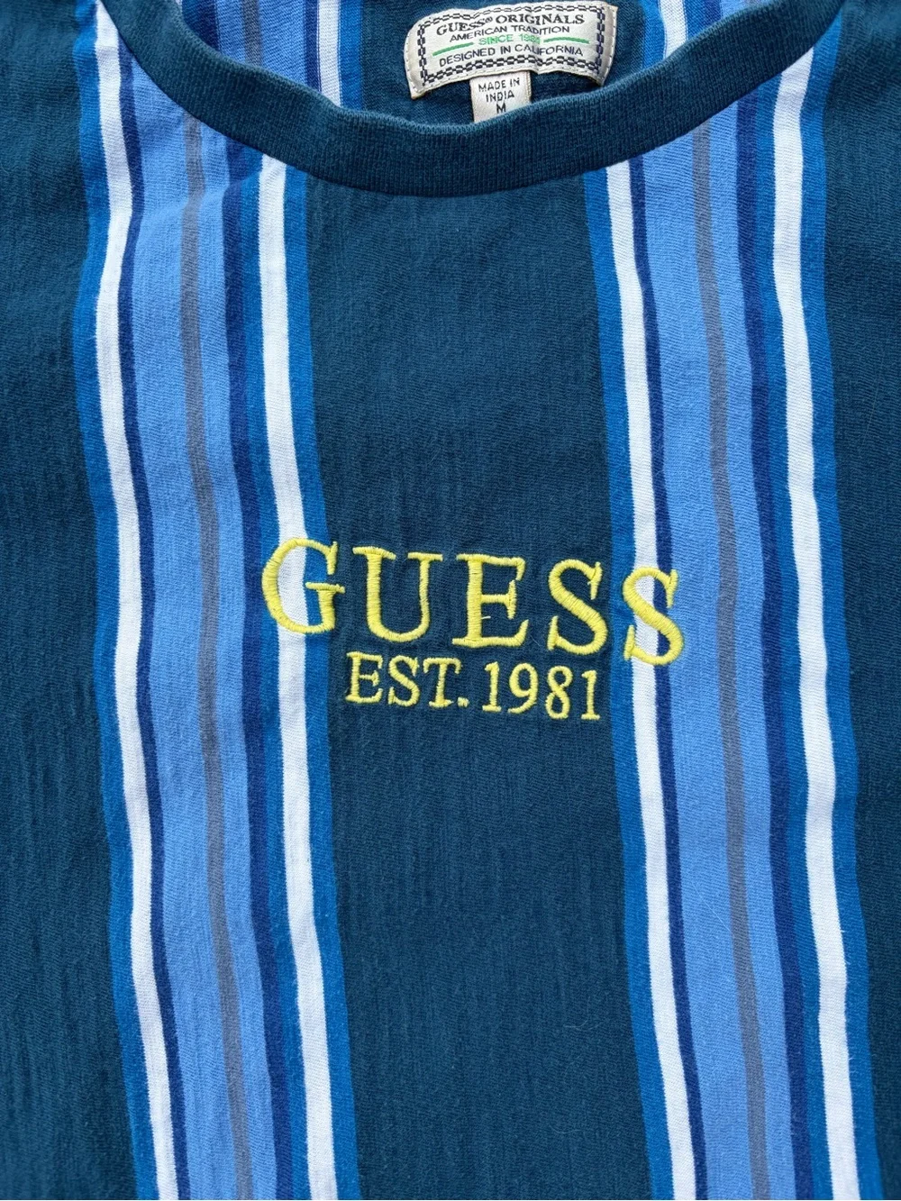 VINTAGE Guess Shirt Adult Medium Blue Striped Crew Neck Hip Hop Streetwear Y2K - Picture 7 of 13